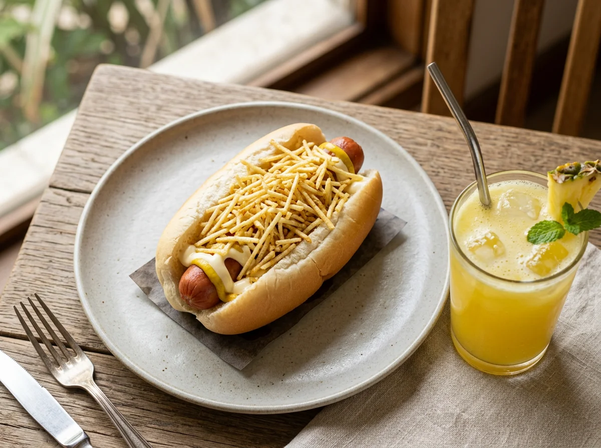 Cachorro-quente simples com suco de abacaxi photo