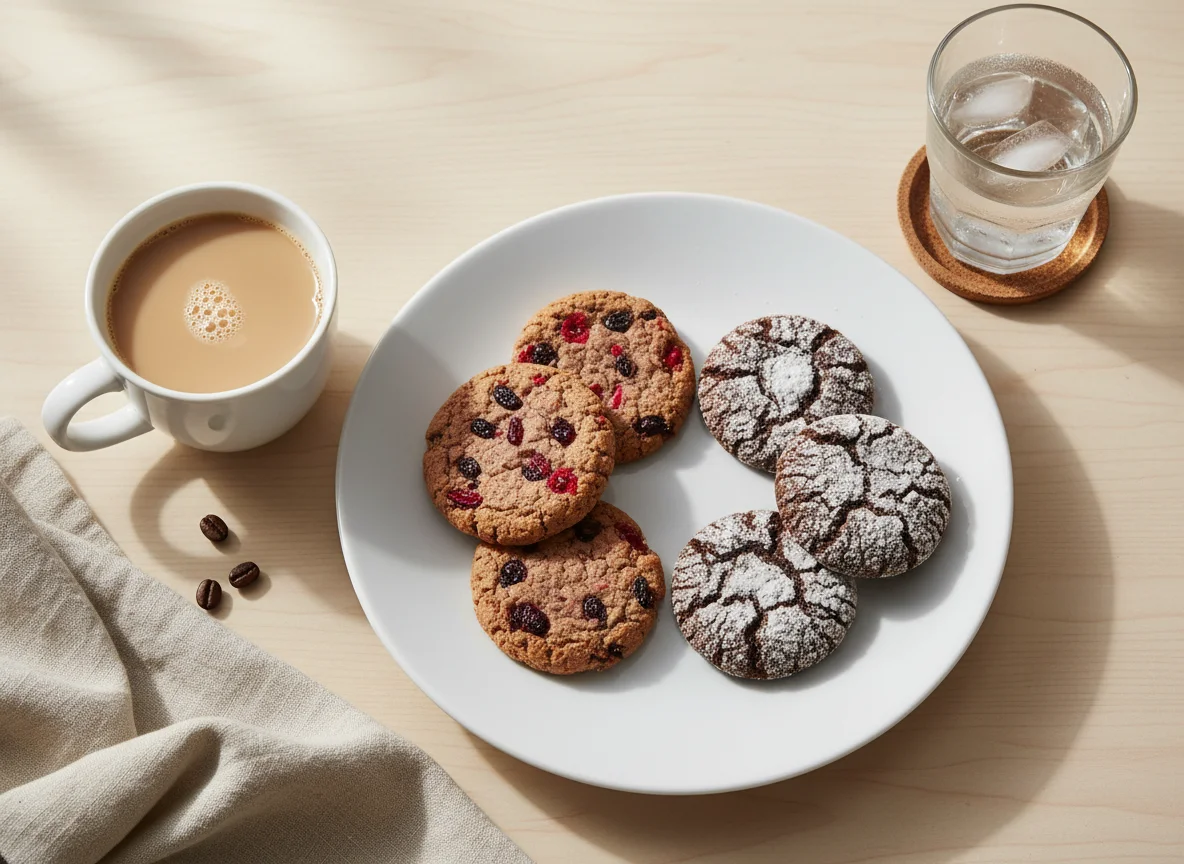 Café com biscoitos e água photo