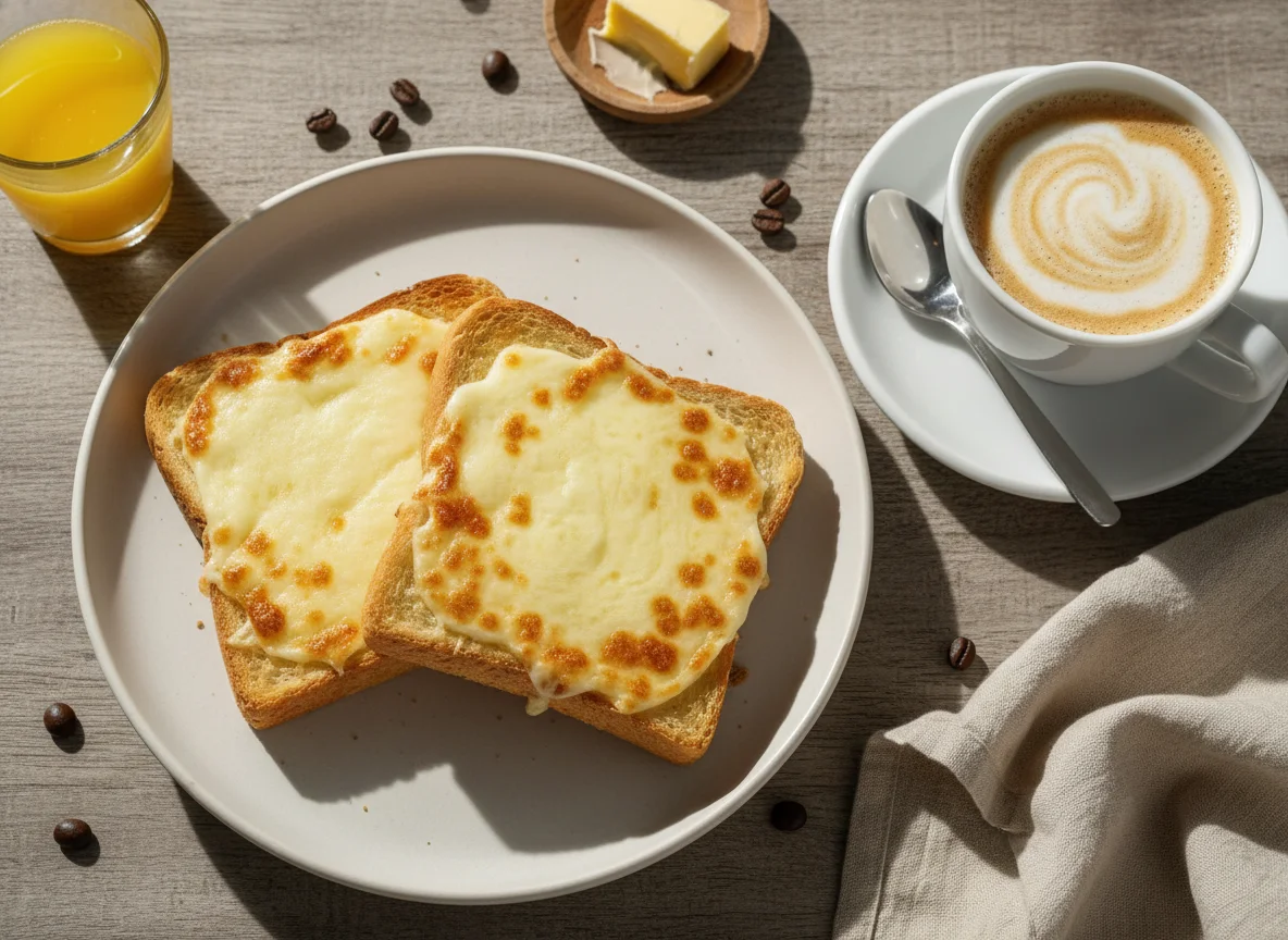 Café com leite e pão torrado com queijo photo