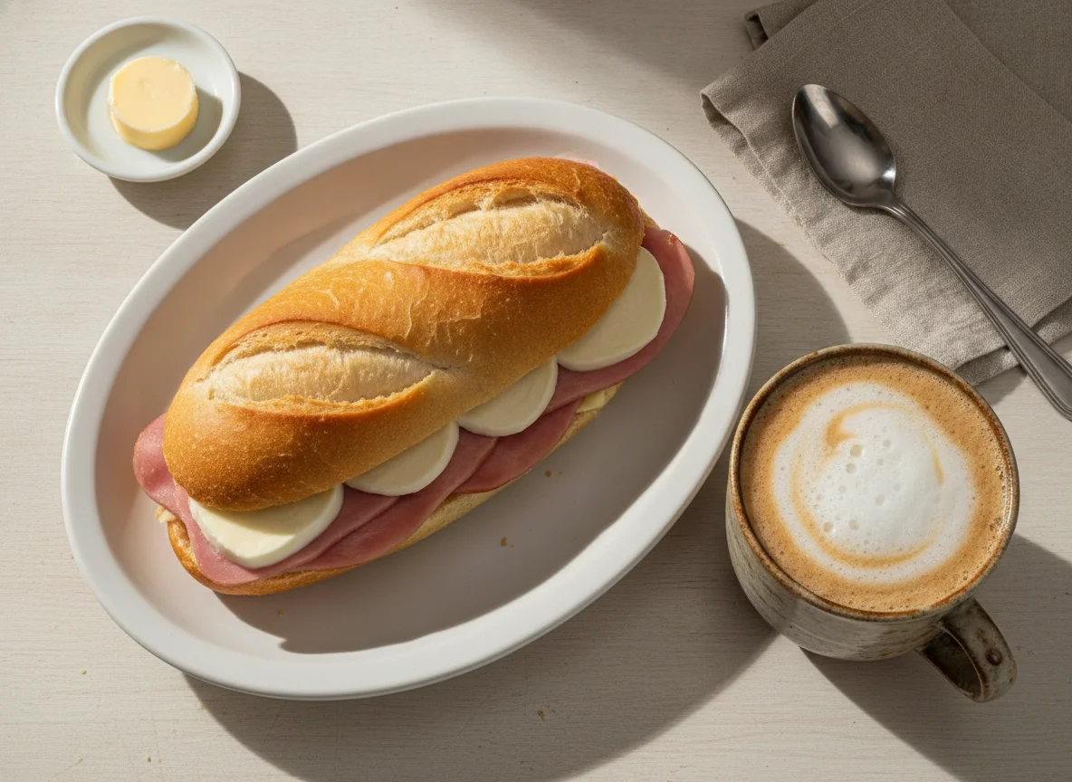 Café com leite e sanduíche de presunto e queijo photo