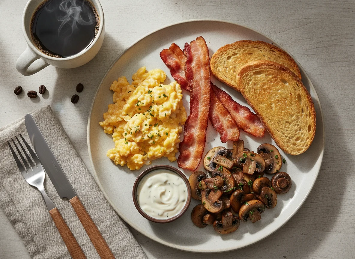 Café da manhã americano com ovos, bacon e cogumelos photo