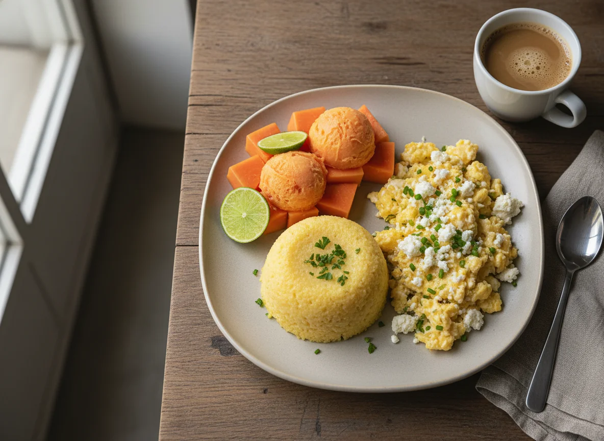 Café da manhã brasileiro com angu, ovos mexidos e mamão photo