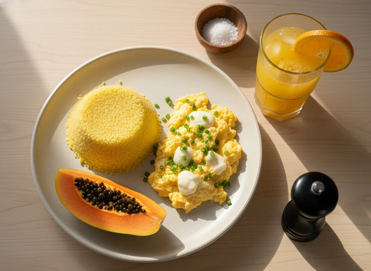 Café da manhã brasileiro com cuscuz e ovos photo