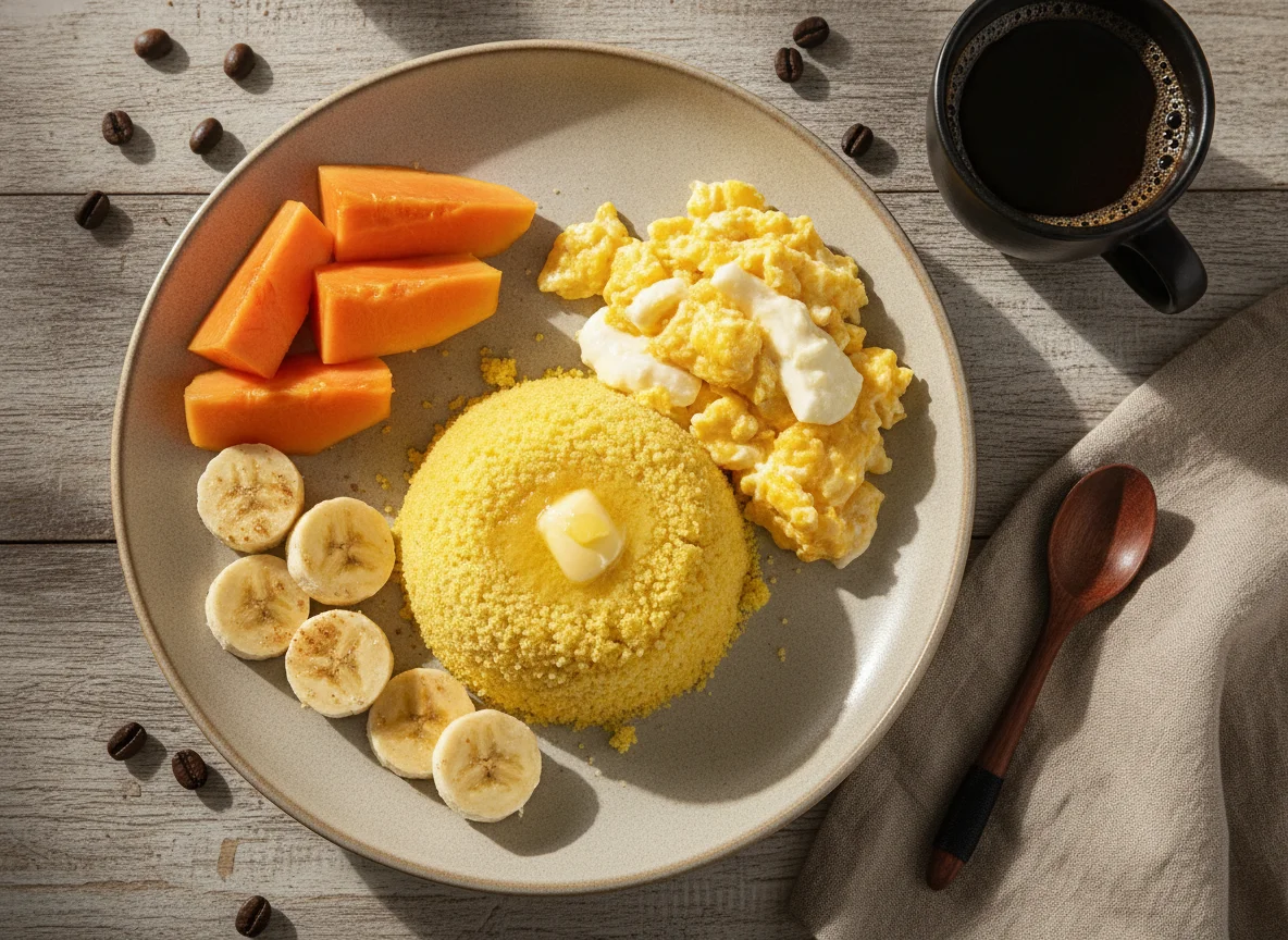 Café da manhã brasileiro com cuscuz, frutas e ovos photo