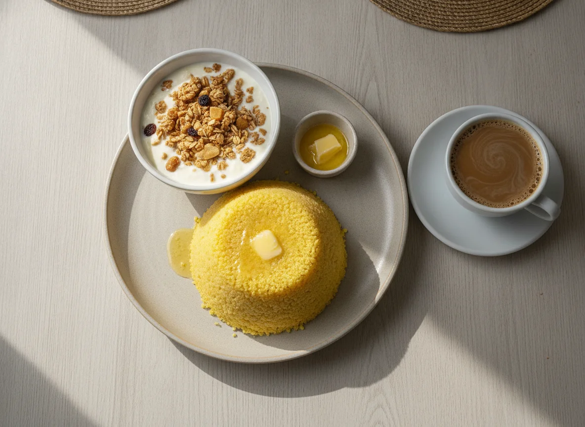 Café da manhã brasileiro com cuscuz, iogurte e café com leite photo