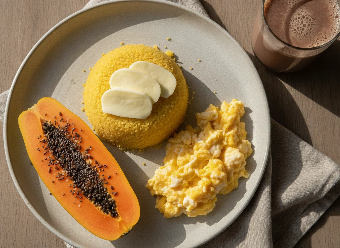 Café da manhã brasileiro com cuscuz, ovos e mamão photo