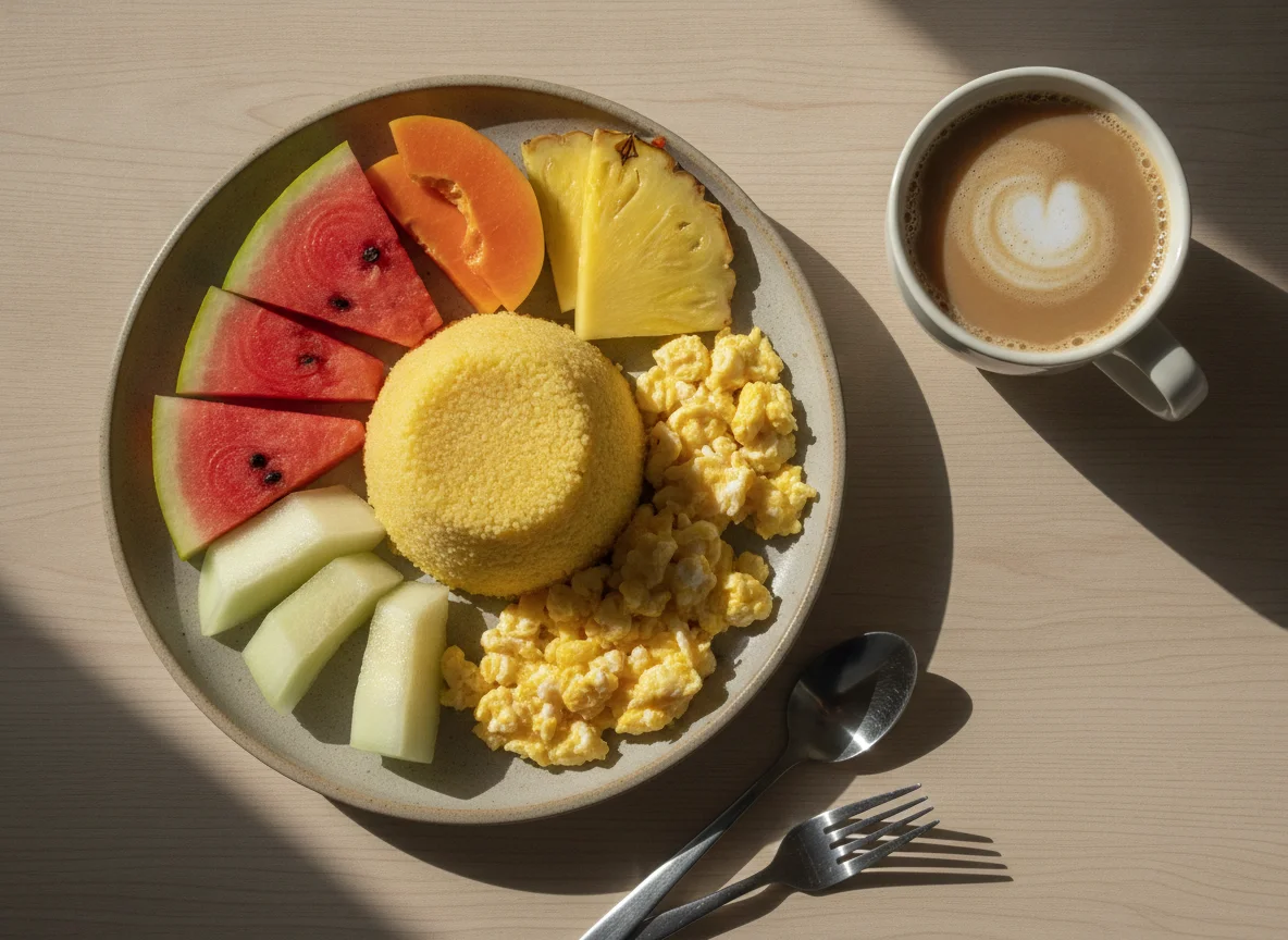 Café da manhã brasileiro com cuscuz, ovos, frutas e café com leite photo