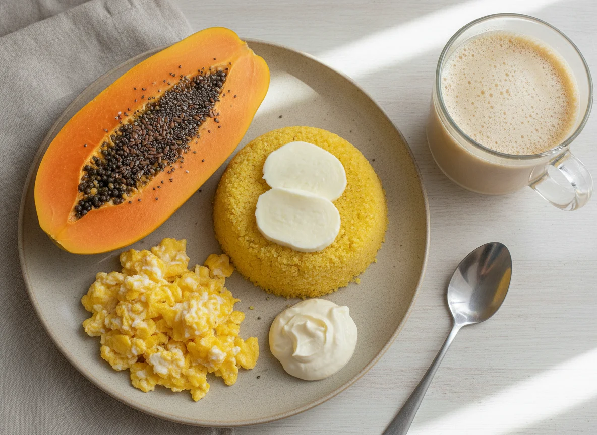 Café da manhã brasileiro com cuscuz, ovos, mamão e café photo