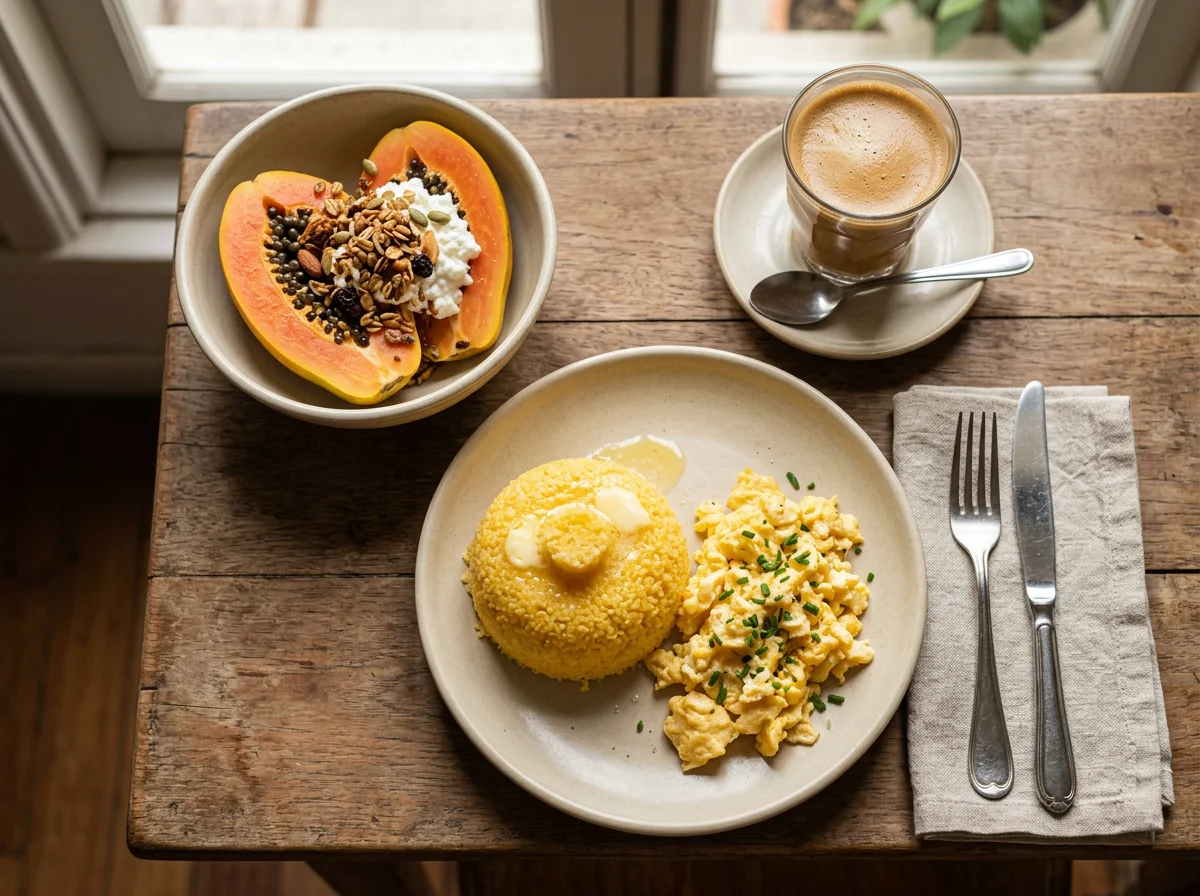 Café da manhã brasileiro com cuscuz, ovos, mamão e café com leite photo