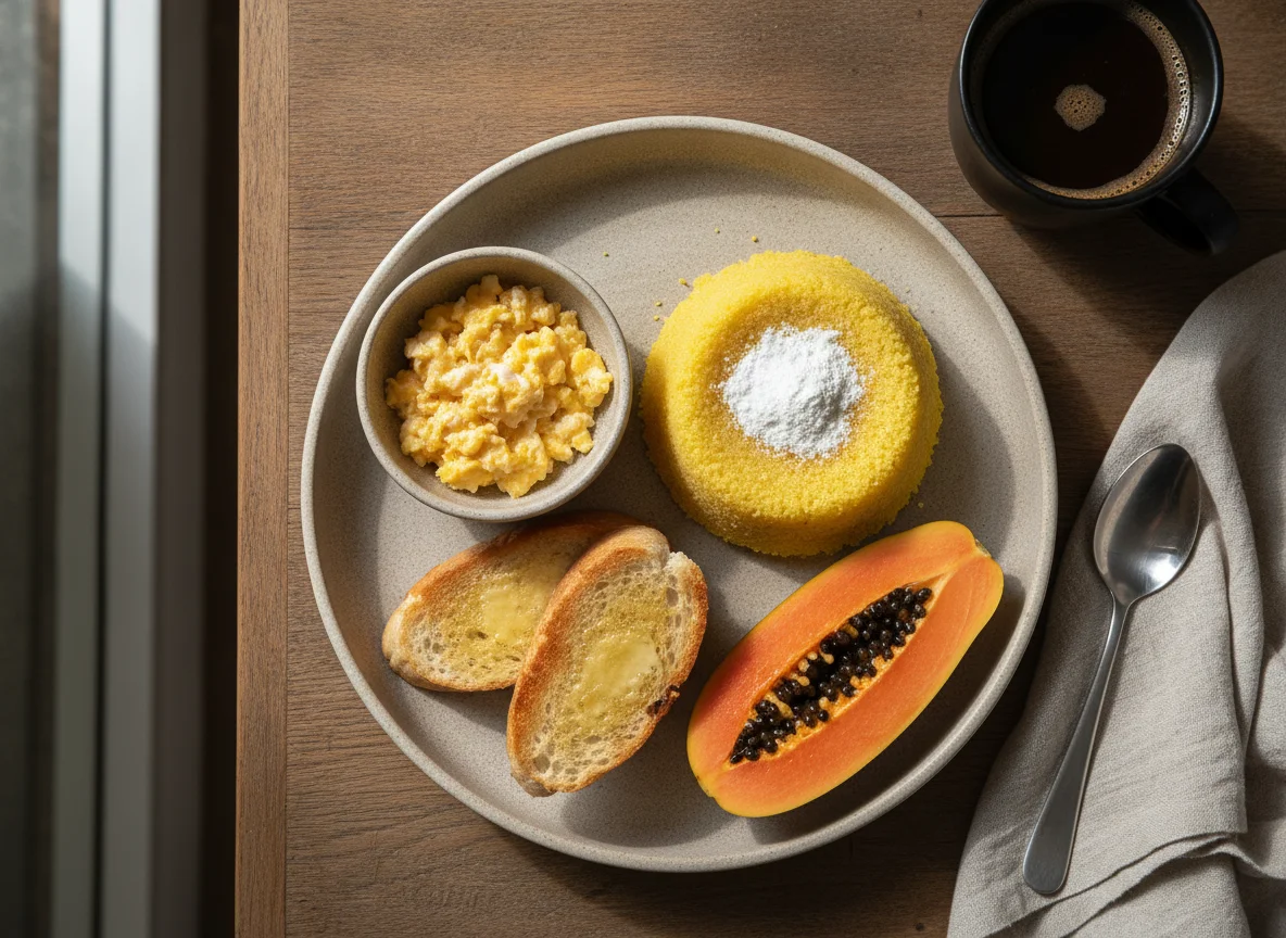 Café da manhã brasileiro com cuscuz, ovos, pão na chapa, mamão e café photo