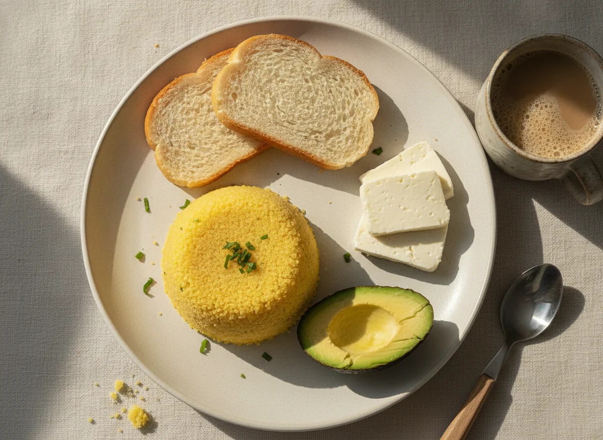 Café da manhã brasileiro com cuscuz, pão e abacate photo