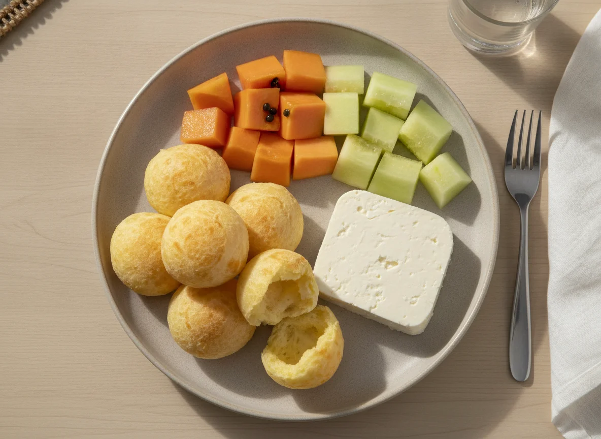 Café da manhã brasileiro com frutas e pão de queijo photo