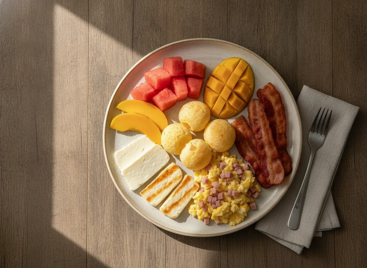 Café da manhã brasileiro com frutas, ovos e pão de queijo photo