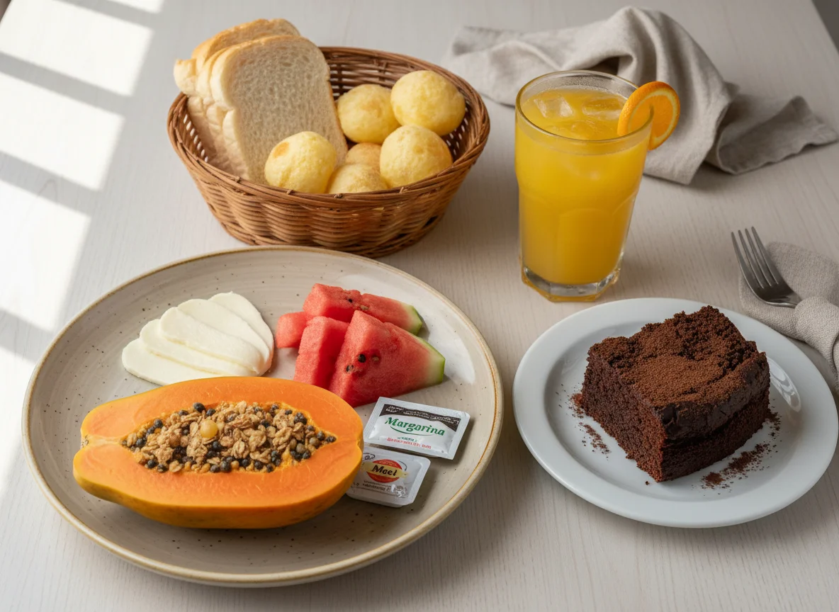 Café da manhã brasileiro com frutas, pão de queijo e suco photo