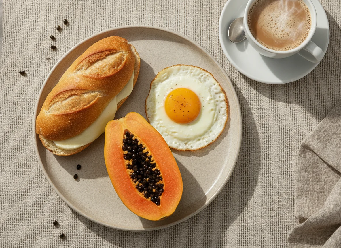 Café da manhã brasileiro com mamão, ovo, pão e café com leite photo