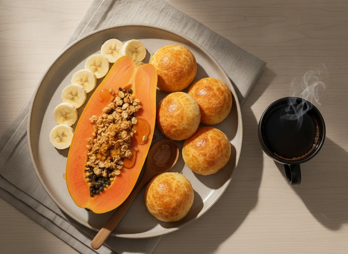 Café da manhã brasileiro com mamão, pão de queijo e banana photo
