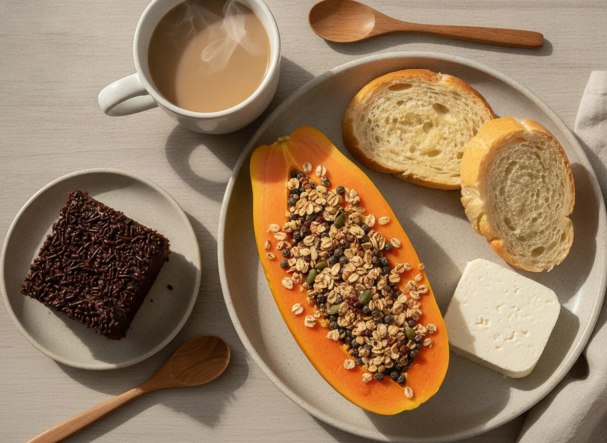 Café da manhã brasileiro com mamão, pão e bolo photo