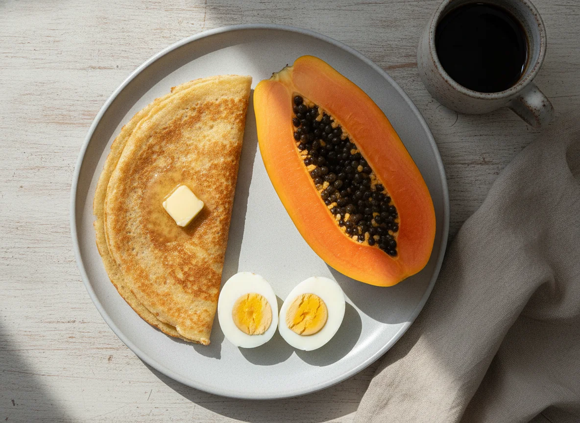 Café da manhã brasileiro com mamão, tapioca e ovos photo