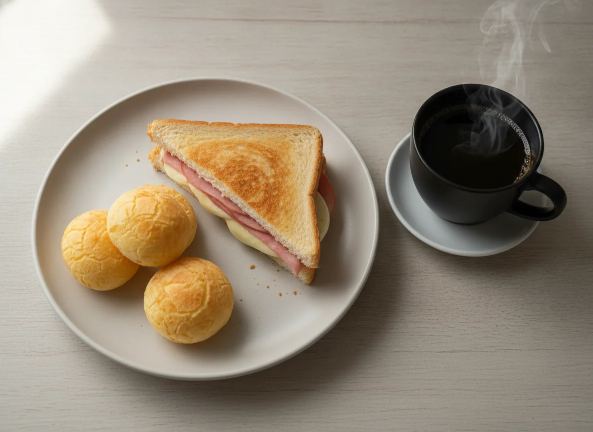 Café da manhã brasileiro com misto quente e pão de queijo photo