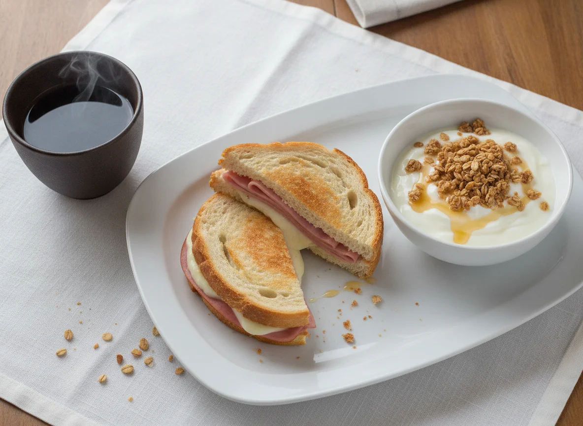 Café da manhã brasileiro com misto quente, iogurte e café photo