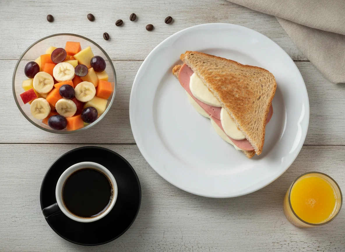 Café da manhã brasileiro com misto quente, salada de frutas, suco e café photo