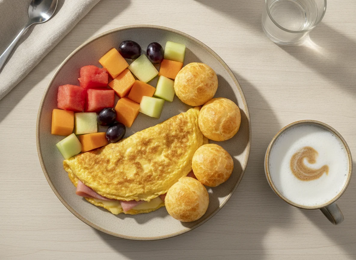Café da manhã brasileiro com omelete, frutas e pão de queijo photo