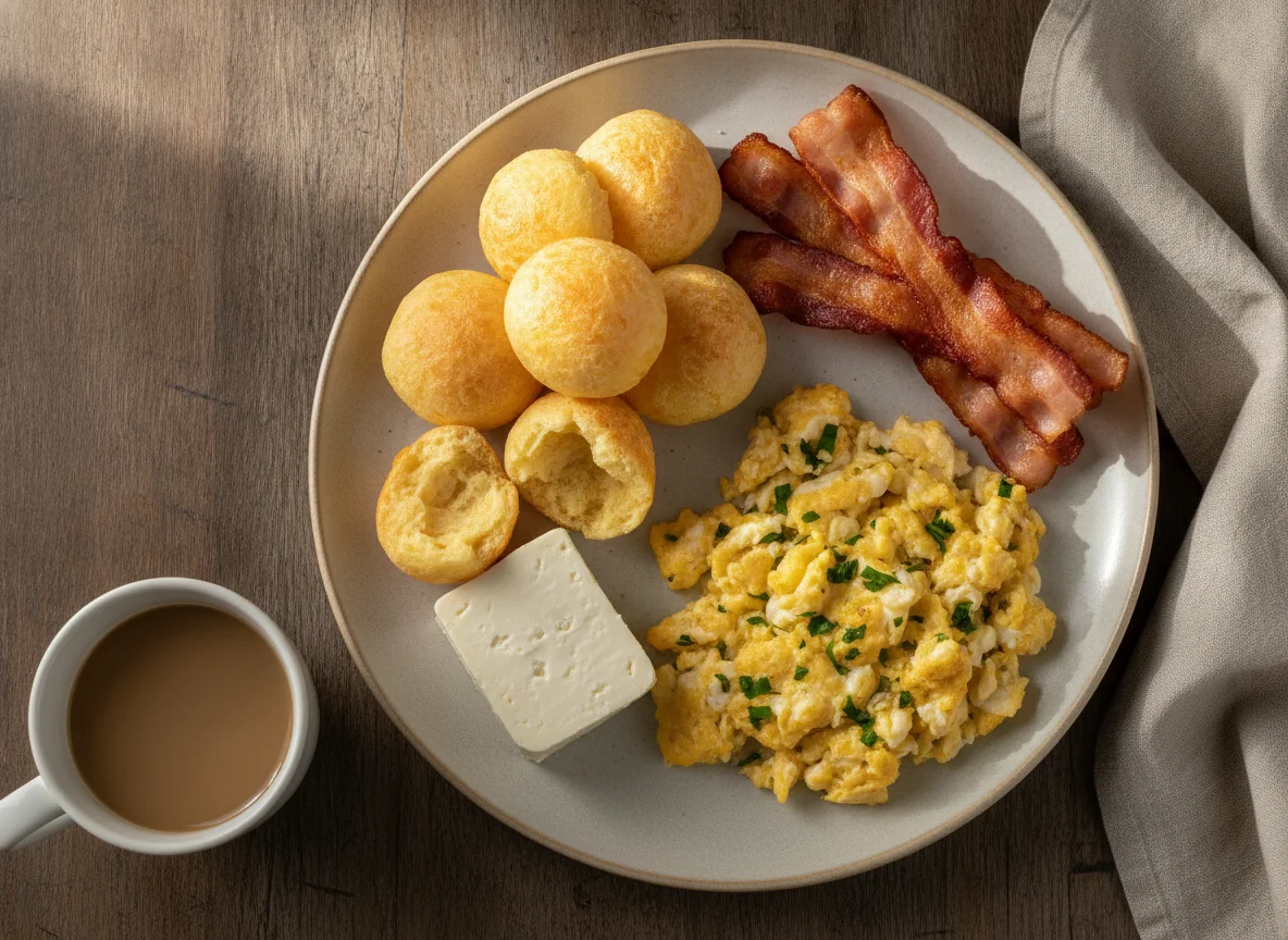 Café da manhã brasileiro com ovos, bacon e pão de queijo photo