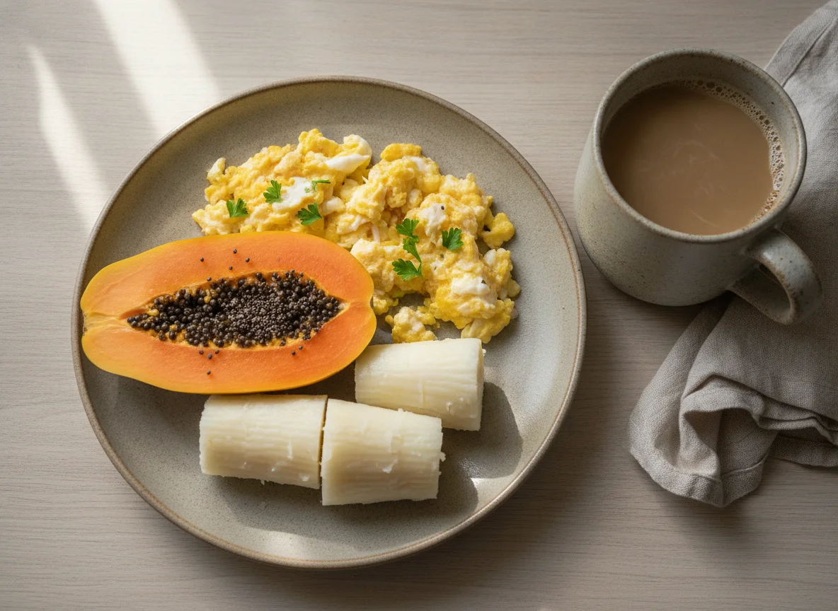 Café da manhã brasileiro com ovos, mamão e café com leite photo