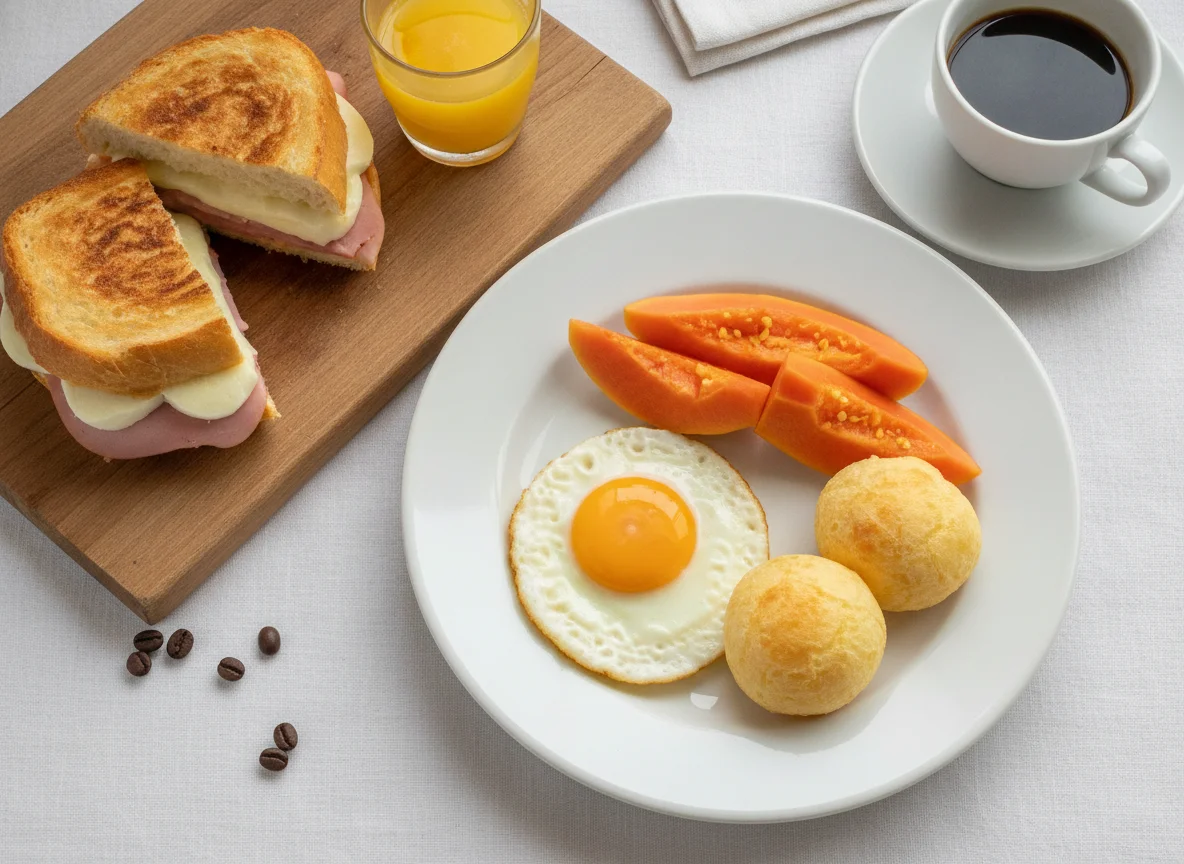Café da manhã brasileiro com ovos, mamão, pão de queijo e misto quente photo