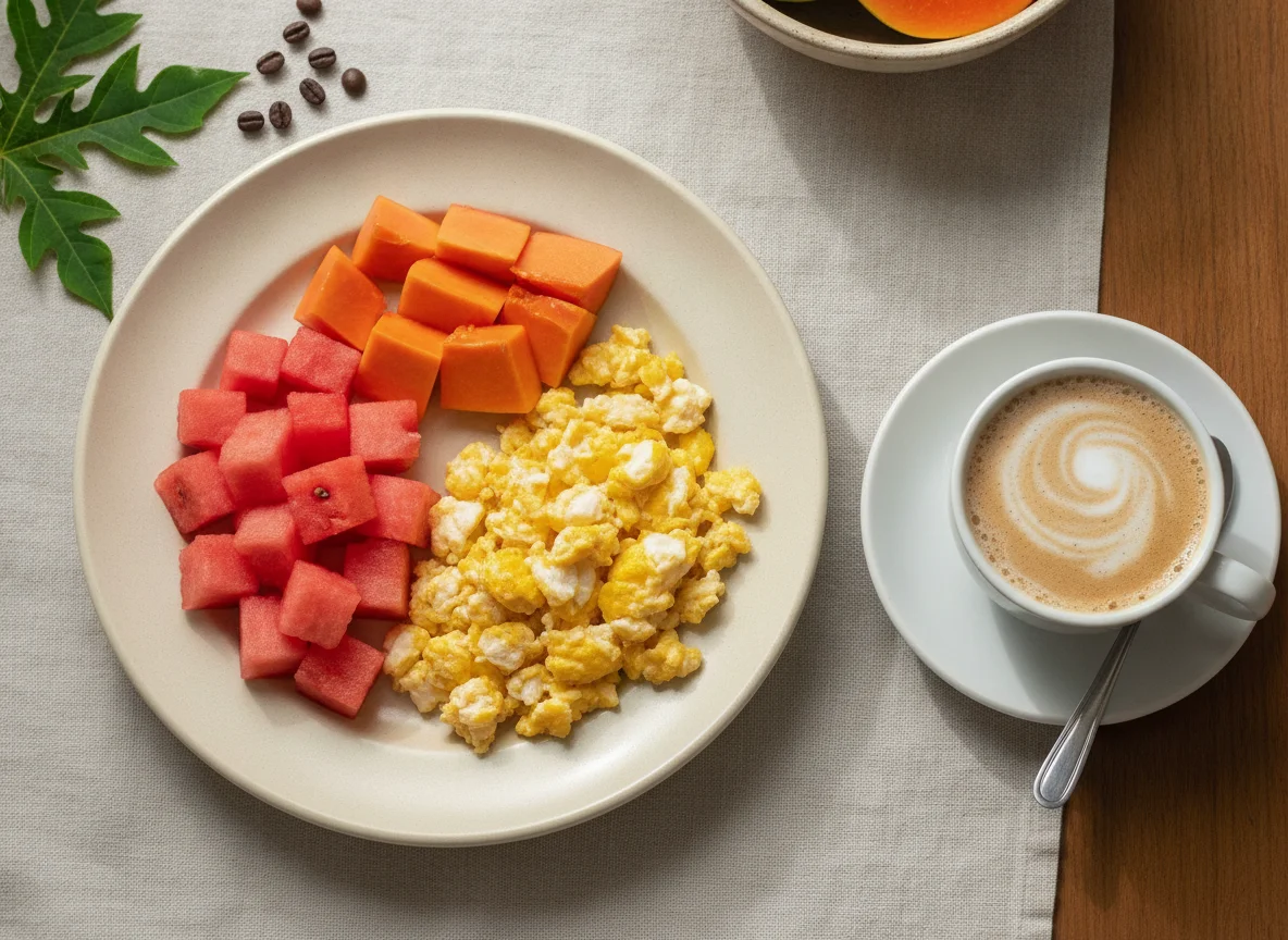 Café da manhã brasileiro com ovos mexidos, frutas e café com leite photo