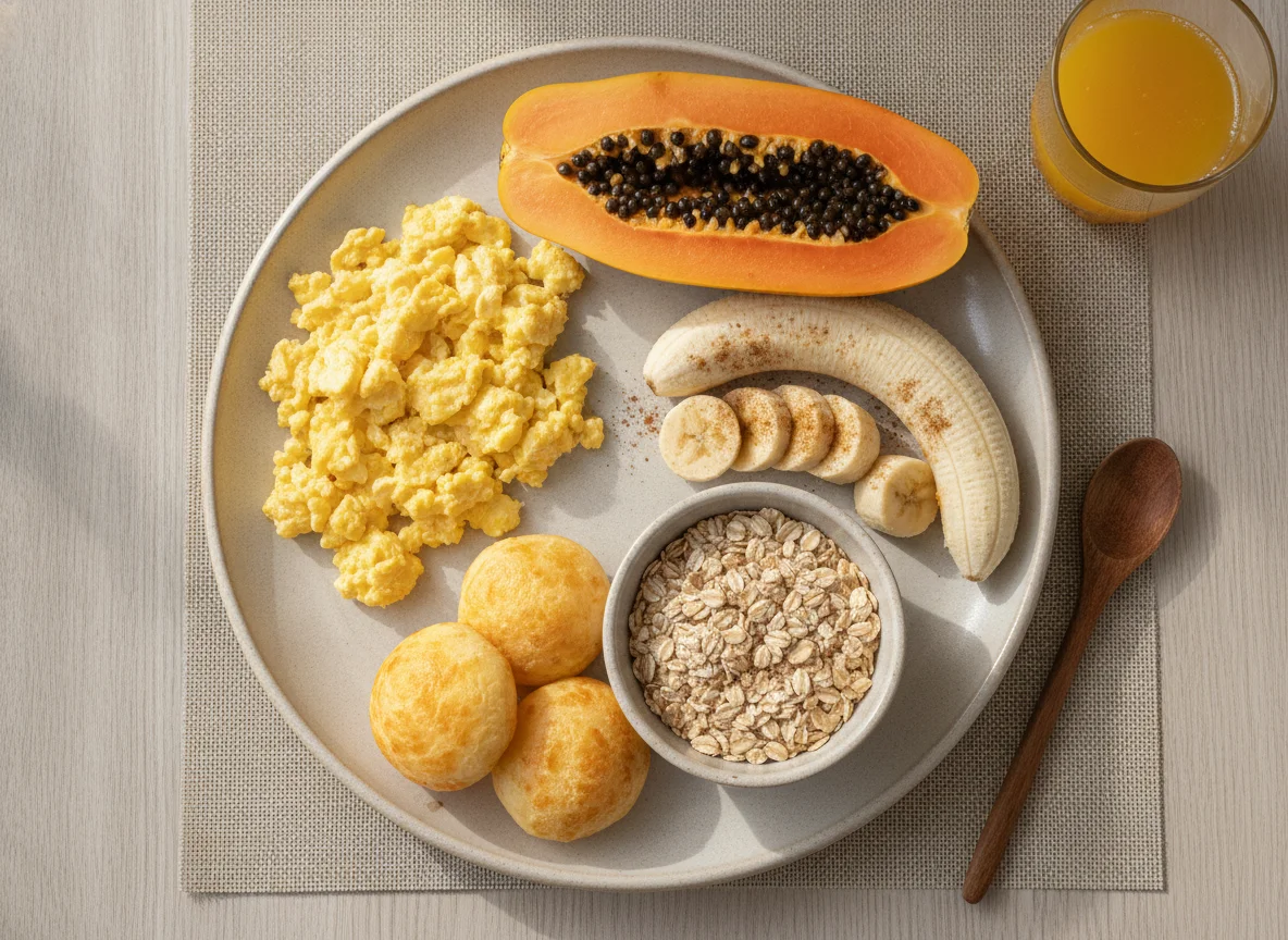 Café da manhã brasileiro com ovos mexidos, pão de queijo e frutas photo
