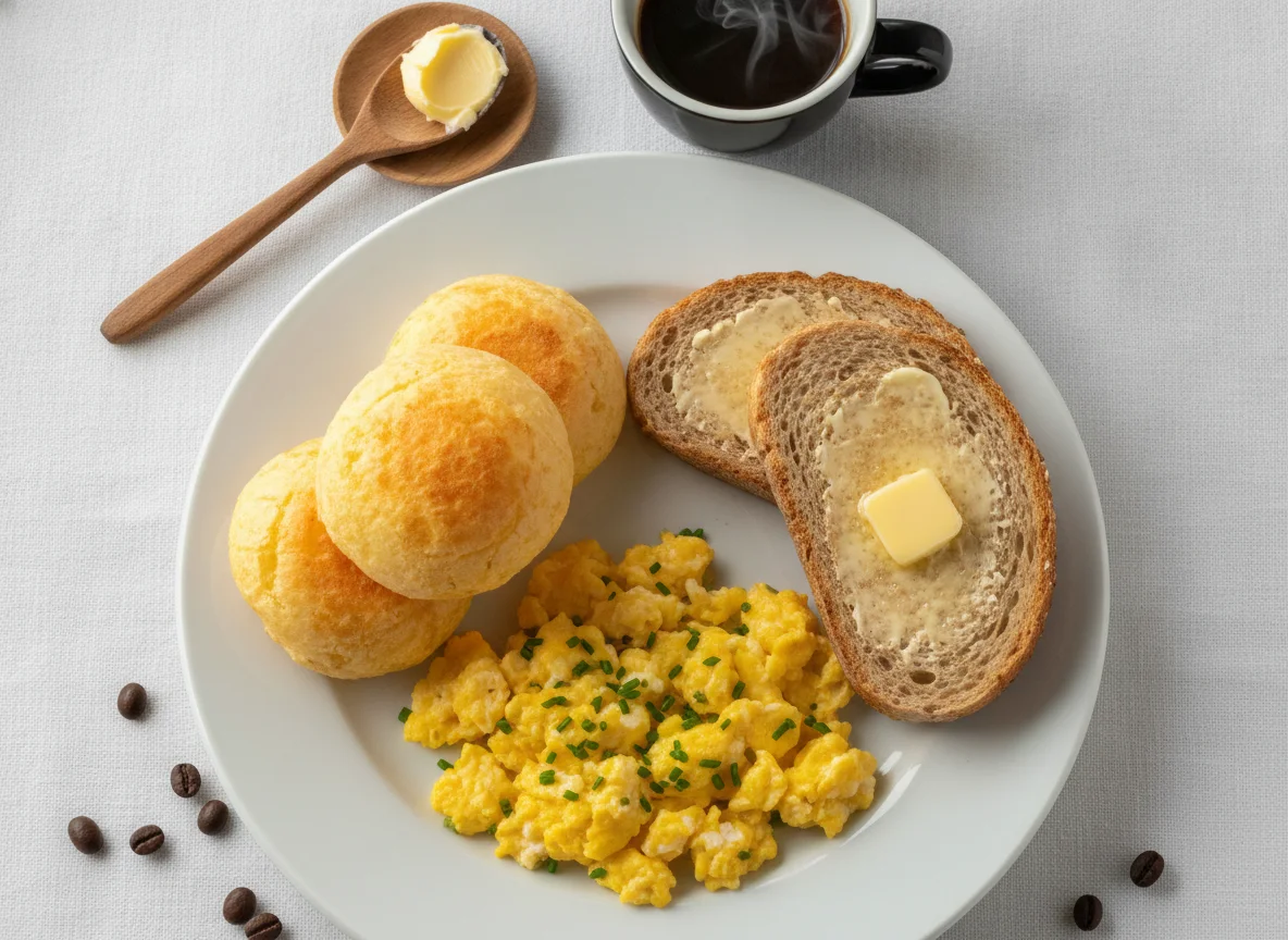 Café da manhã brasileiro com ovos mexidos, pão de queijo e torrada photo