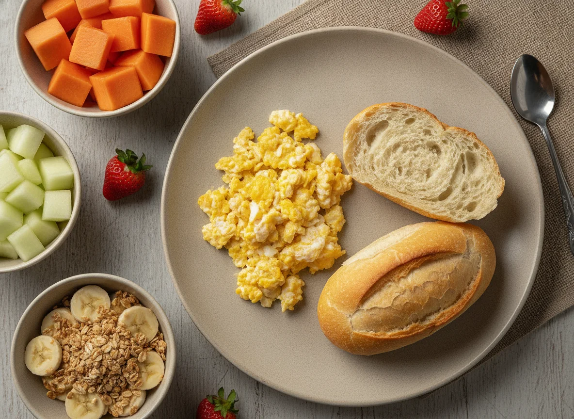 Café da manhã brasileiro com ovos mexidos, pão francês e frutas photo