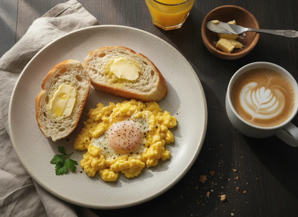Café da manhã brasileiro com ovos mexidos, pão francês e café com leite photo