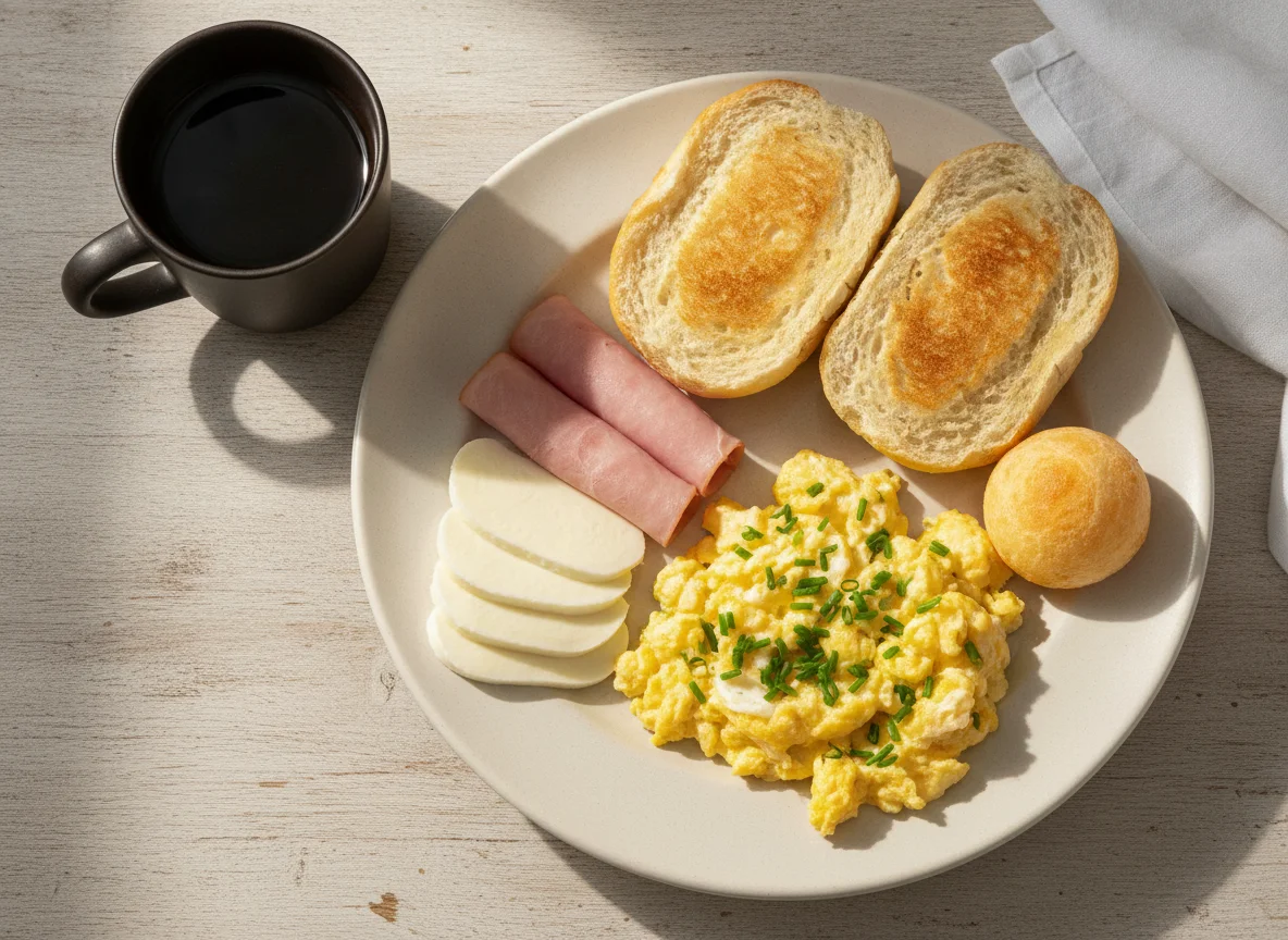 Café da manhã brasileiro com ovos mexidos, pão francês, queijo e presunto photo