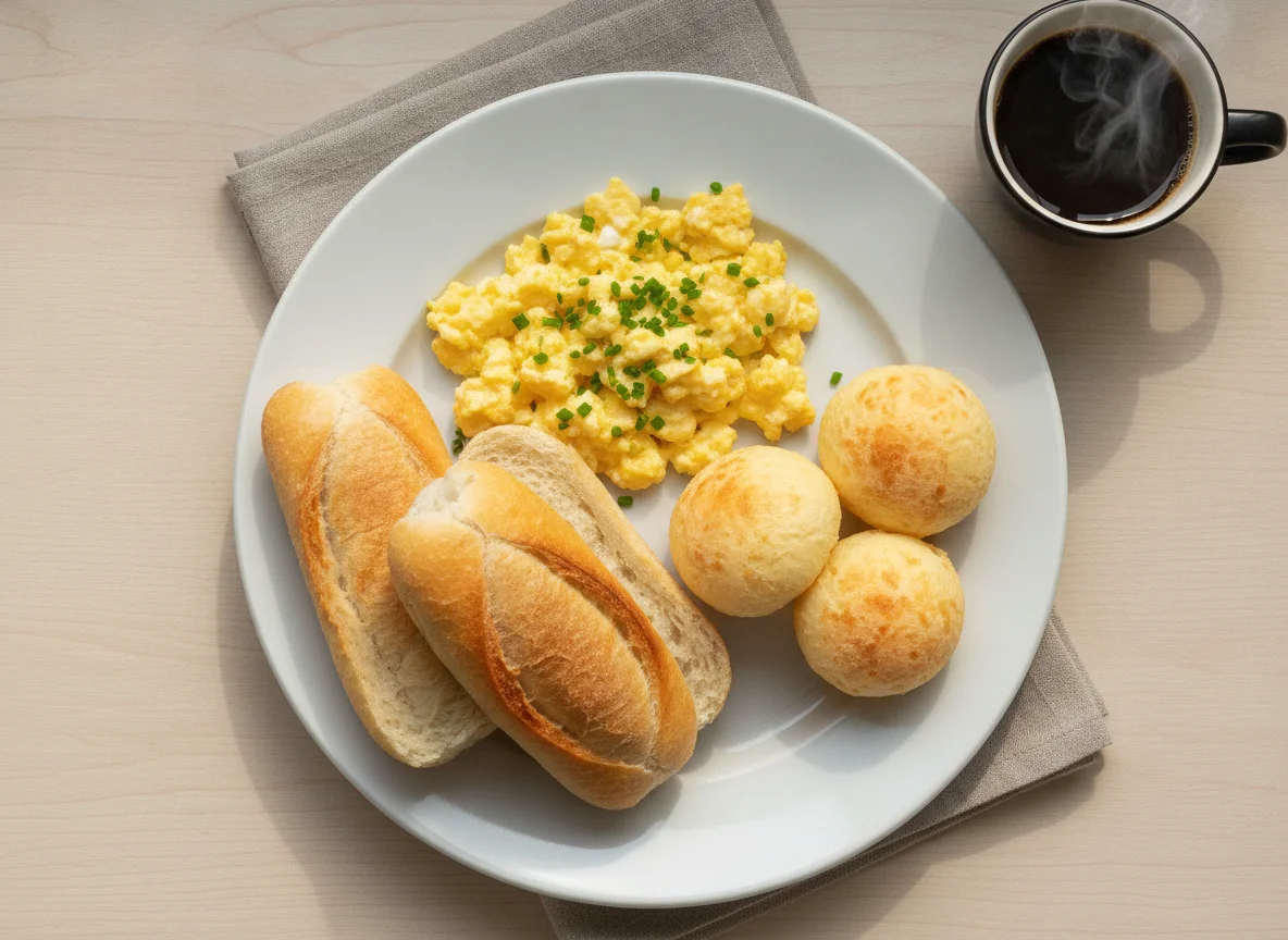 Café da manhã brasileiro com ovos mexidos, pão francês e pão de queijo photo