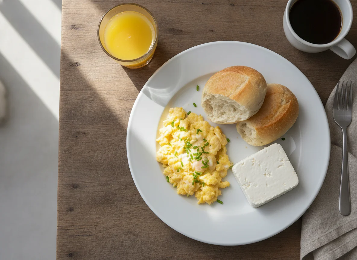 Café da manhã brasileiro com ovos mexidos, pão francês e queijo branco photo