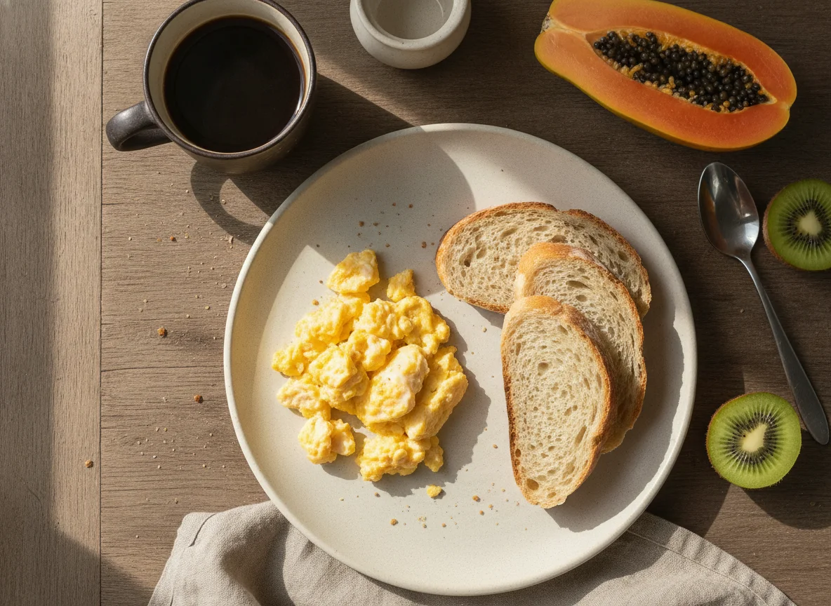 Café da manhã brasileiro com ovos mexidos, pão, frutas e café photo