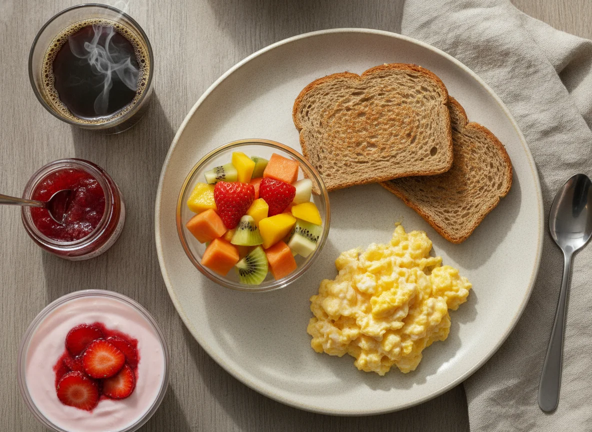 Café da manhã brasileiro com ovos mexidos, pão integral e salada de frutas photo
