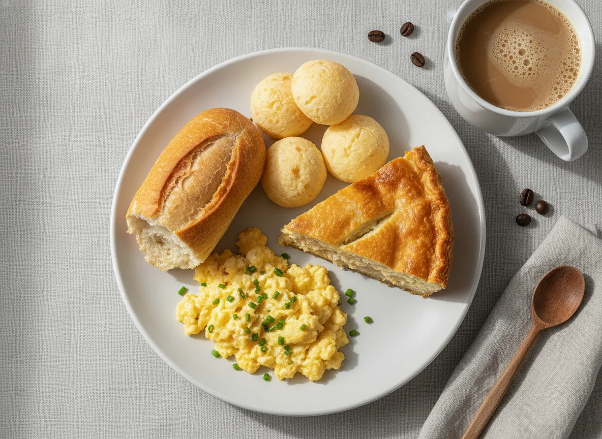 Café da manhã brasileiro com ovos mexidos, pão, pão de queijo e café com leite photo
