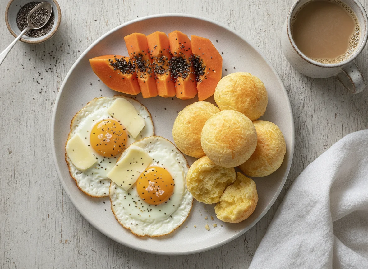 Café da manhã brasileiro com ovos, pão de queijo e mamão photo