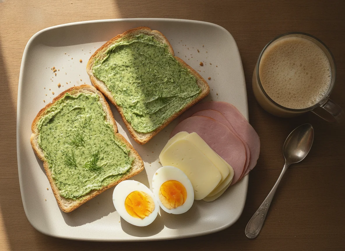 Café da manhã brasileiro com ovos, pão e café com leite photo