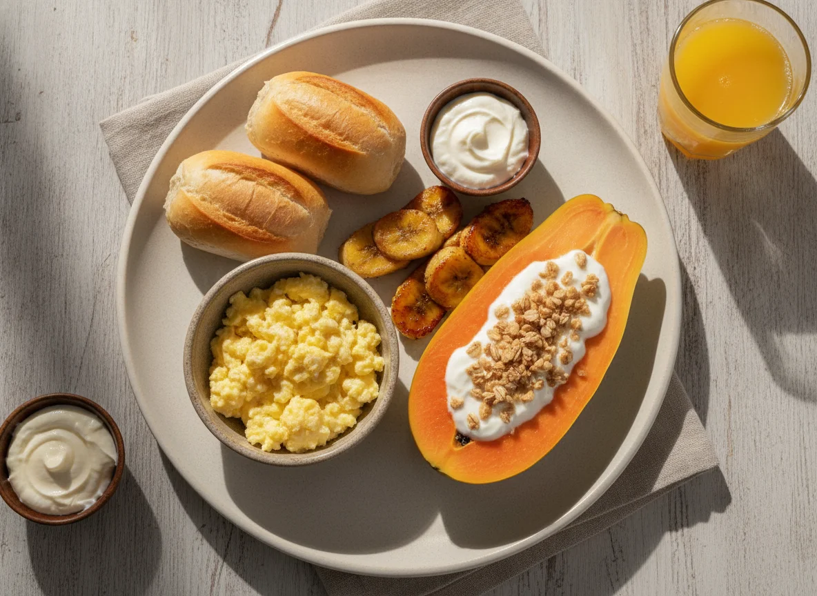 Café da manhã brasileiro com ovos, pão e frutas photo