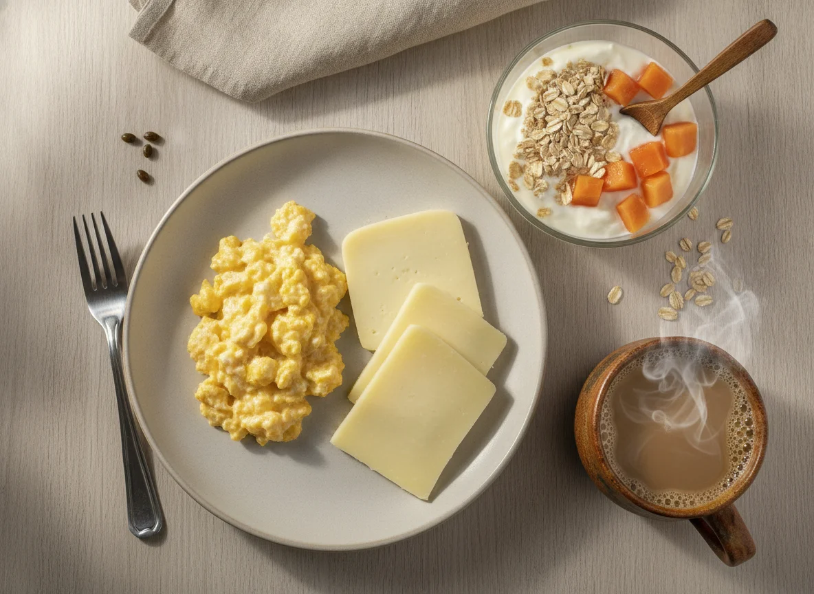 Café da manhã brasileiro com ovos, queijo, iogurte com aveia e café com leite photo