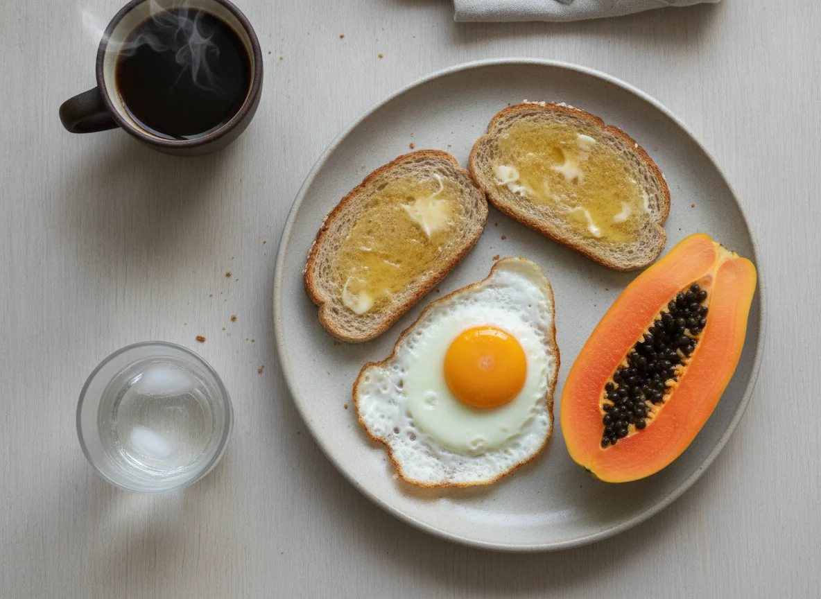 Café da manhã brasileiro com ovos, torrada e mamão photo