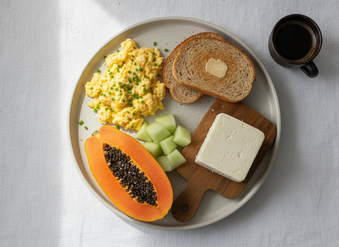 Café da manhã brasileiro com ovos, torradas, queijo e frutas photo