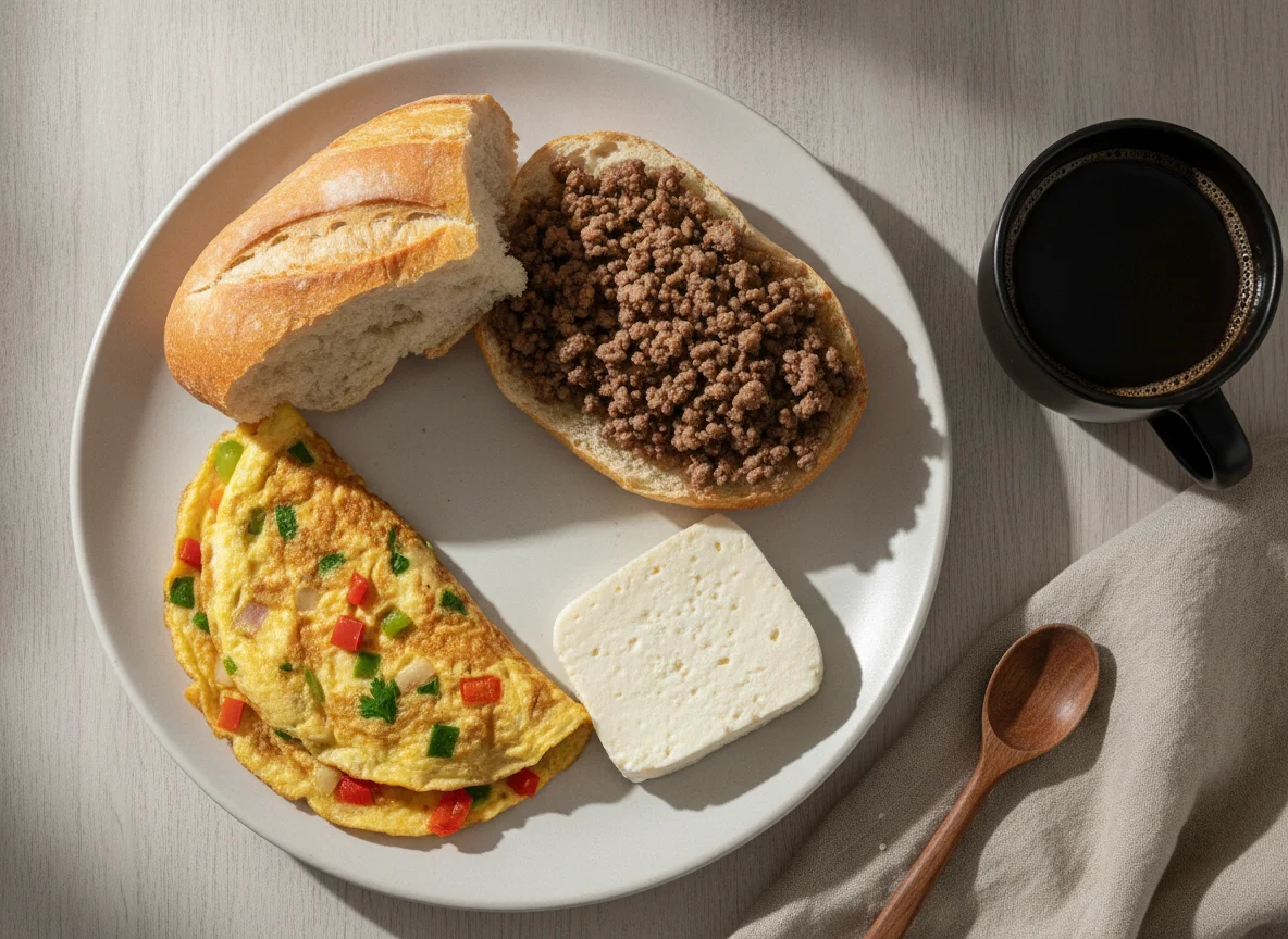 Café da manhã brasileiro com pão com carne moída, omelete, queijo minas e café photo