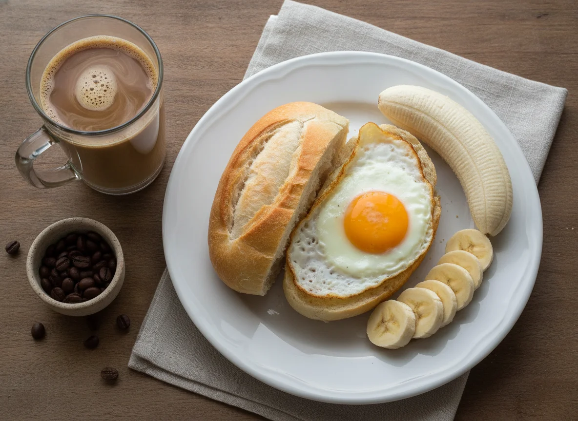 Café da manhã brasileiro com pão com ovo, banana e café com leite photo