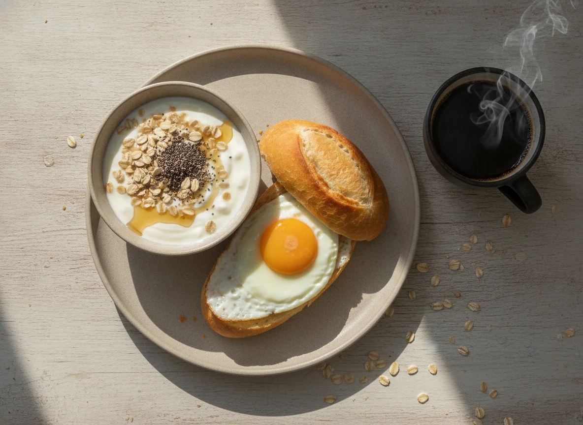 Café da manhã brasileiro com pão com ovo e iogurte com aveia photo