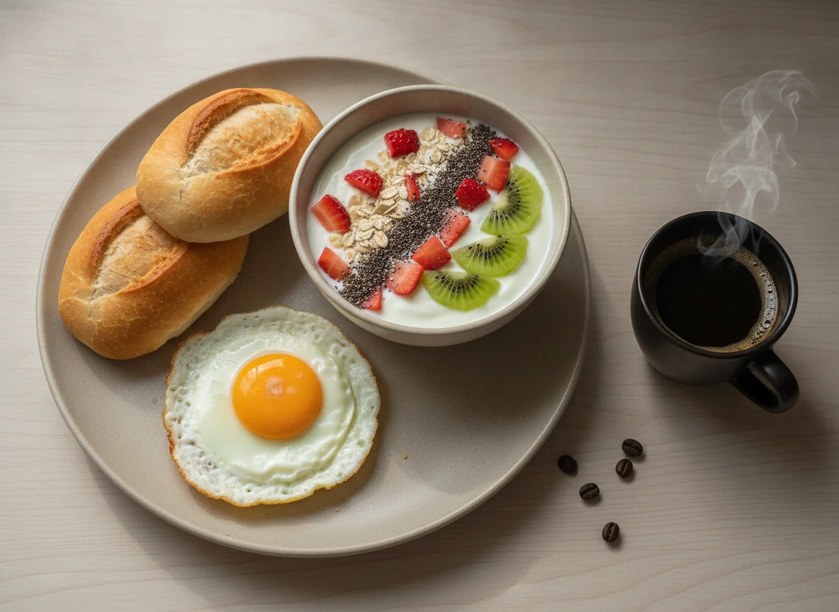 Café da manhã brasileiro com pão com ovo e iogurte com sementes photo